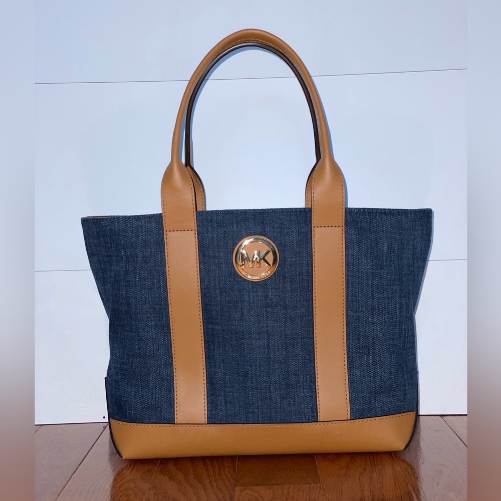 Michael Kors Fulton Canvas Indigo Blue Denim Tote Handbag Like New with Tags